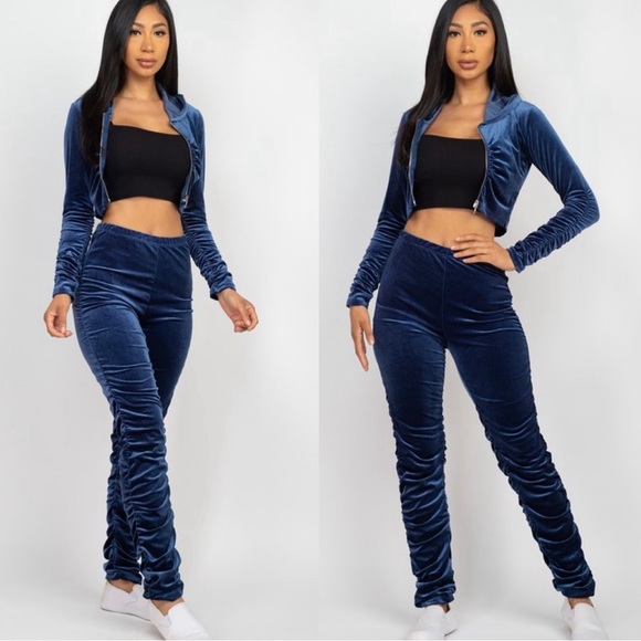 Pants - Velour jogger set with hooded crop jacket & pants